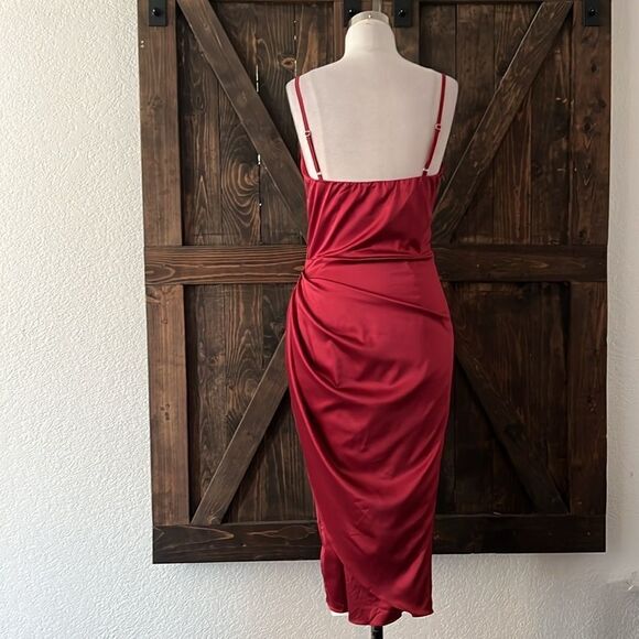 NWT HTZMO Satin Slip Dress Cowl Neck Ruched Bodycon MIDI Dress - Picture 9 of 14